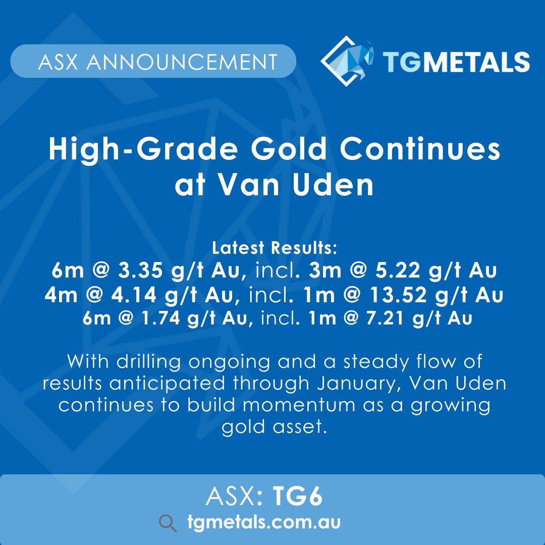 TGMetals's tweet image. 🚨 Van Uden delivers again
TG Metals (ASX:TG6) reports more high-grade gold from RC drilling:

⛏️ 6m @ 3.35 g/t Au (incl. 3m @ 5.22 g/t)
⛏️ 4m @ 4.14 g/t Au (incl. 1m @ 13.52 g/t)

83 drillholes still pending + MRE update targeted for Q1 2026.

More:  investors.tgmetals.com.au/announcements/…