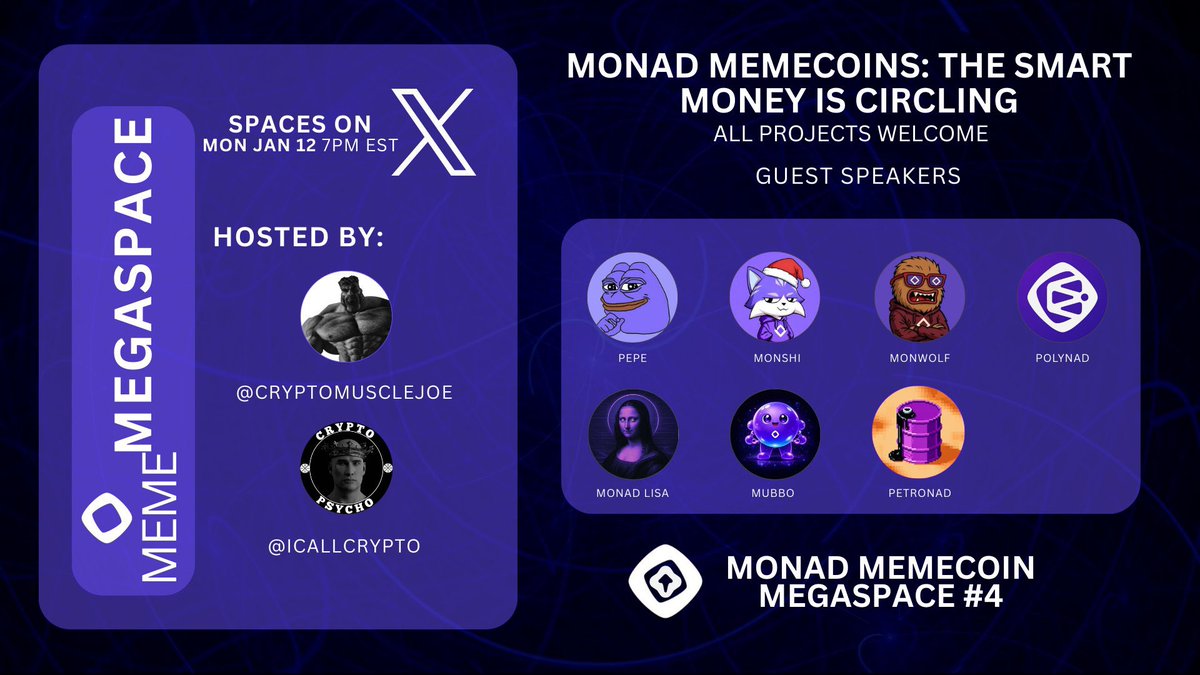 🚨 **Week 4 of the Monday @Monad Memecoin Megaspace** 🚨

Every week the room gets bigger.
New killers. Real builders. Actual money.

Memes 🤝 Utilities 🤝 Founders 🤝 Degens

If you **eat, sleep, and breathe Monad**, you belong on this stage.

We’re building on the **hottest new