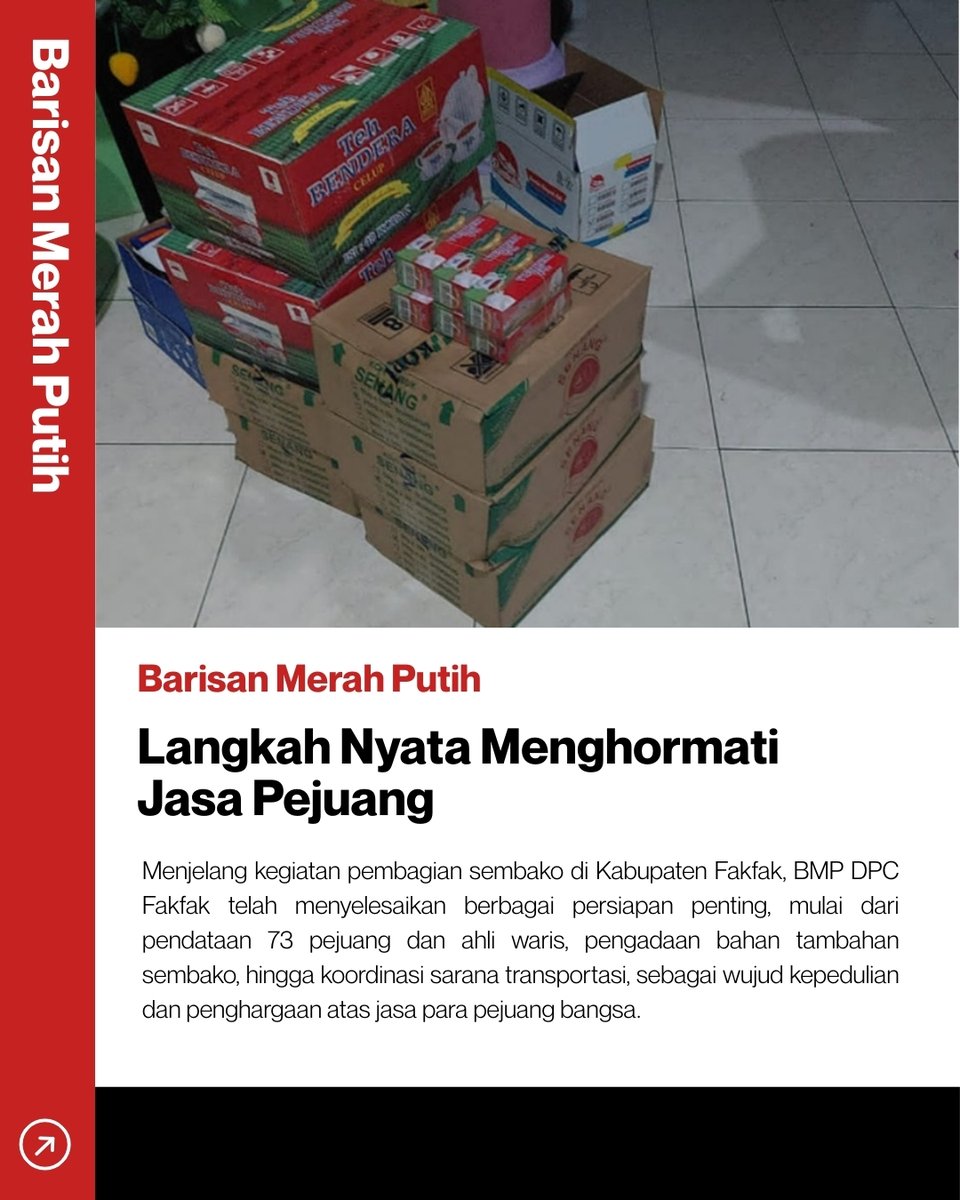 ToedjoeanSatu's tweet photo. BMP DPC Fakfak terus mematangkan persiapan pembagian sembako bagi tokoh pejuang dan veteran Kemerdekaan RI. Dari pendataan hingga logistik, semua disiapkan demi penghormatan dan kepedulian nyata. 🇮🇩
#BarisanMerahPutih #BMPFakfak #PeduliPejuang #VeteranRI #Sembako #GotongRoyong https://t.co/2ffF3QDlTs