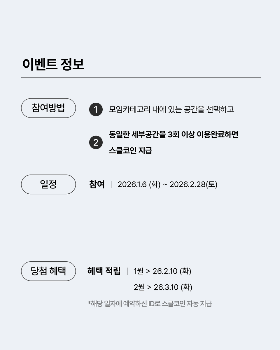 EVENT 이번달 모임비 방어전 ‼️ 🎁 혜택 • 당월에 동일한 세부공간을 3번 이상 이용완료한 경우 최대 10%를 스클코인으로  페이백 🗓️ 일정 • 참여 기간 : 2026.1.6 ~ 2026.2.28 • 1차 지급 :