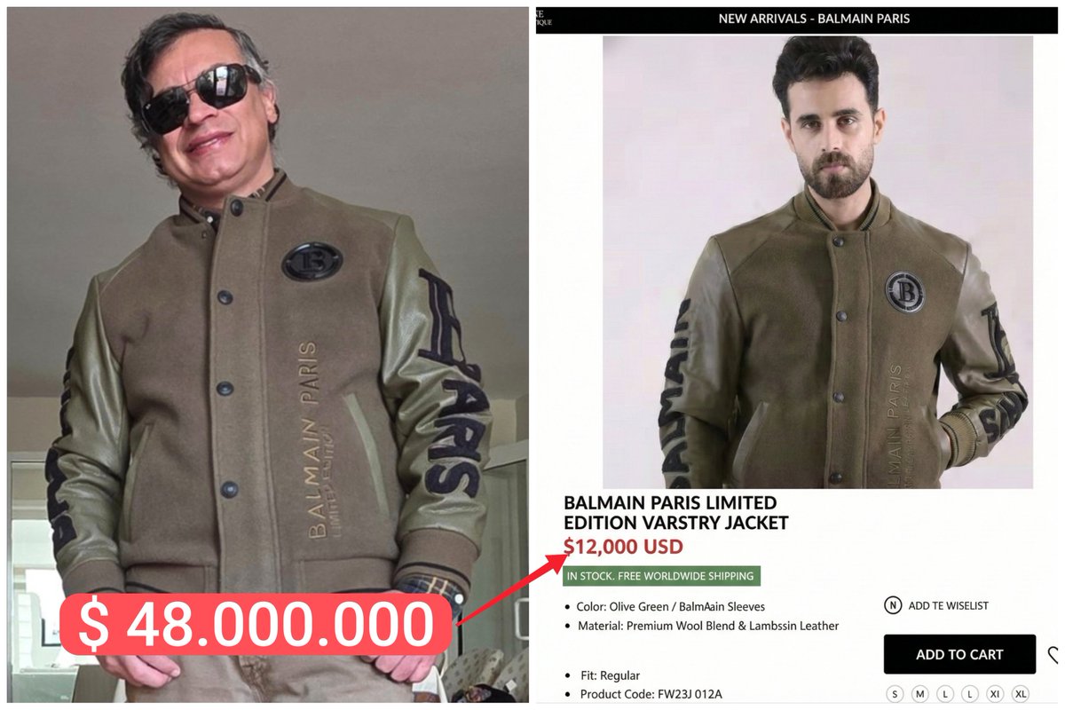 ojocolombia2026's tweet image. 🇨🇴 PETRO con una chaqueta francesa de lujo, edición limitada BALMAIN de $ 48.000.000

Todos los días les dice a sus seguidores que COMPREN industria colombiana porque las prendas de lujo internacionales explotan a los niños de Bangladesh.

Porque Petro quiere que los colombianos…