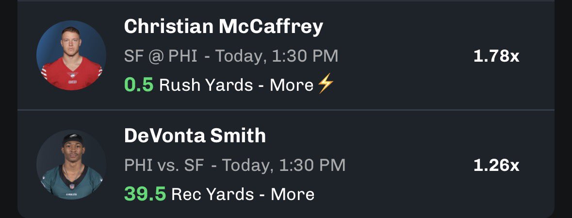 GhutchPickz's tweet photo. Chalkboard Slip of the Day ⭐️

Record: 8-2🔥

DeVonta Smith OVER 39.5 Rec Yards + Christian McCaffrey OVER 0.5 Rush Yards📊

Sign up for Chalkboard using code GHUTCH or the link below & get a 100% Deposit match + 1 Free Square! ⬇️

Get full access to all of my BEST plays right now using the link below ⤵️