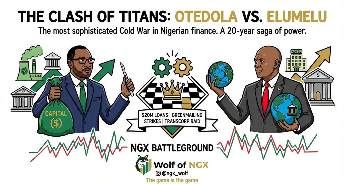 ngx_wolf's tweet image. The Clash of Titans: Otedola vs. Elumelu

In the NGX, power is rarely seized; it is bought, defended, or bartered.
The rivalry between Femi Otedola and Tony Elumelu is the most sophisticated Cold War in Nigerian finance. It’s a 20-year saga involving $20M loans, Greenmailing…