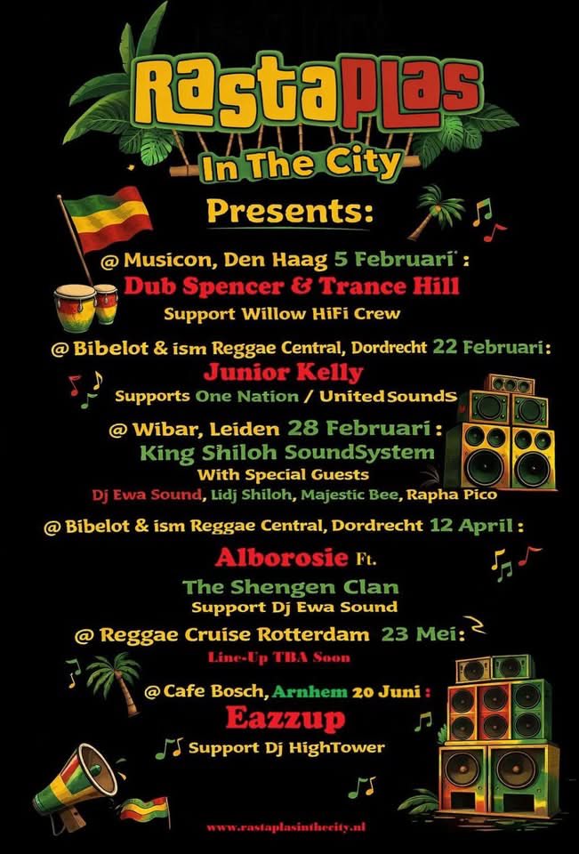 #RastaPlas in the city is on a tour
❤️💛💚
5 feb. Musicon #DenHaag
22 feb. Bibelot #Dordrecht 
28 feb. Wibar #Leiden
12 april Bibelot #Dordrecht 
23 mei One Love Reggae cruise #Rotterdam 
20 juni Cafe Bosch #Arnhem

RastaPlas 17&amp;18 July @ #Zoetermeer Noord Aa