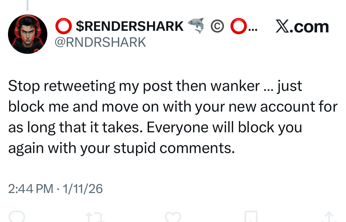 MKjdaG's tweet photo. Hey @RNDRSHARK go cry me a river. Next time you try and scam $Render holders with $Xnet remember actions have consequences….. https://t.co/OkUIqYubLo