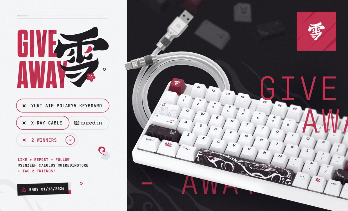 ⌨️ Senzeeh x Aeolus x WiredIn Giveaway ⌨️ 

✦ 2x Yuki Aim Polar75 + 2x WiredIn X-Ray Cable ✦

To enter:
1️⃣ Follow <a href="/senzeeh/">senzeeh</a>, @aeolus, @wiredinstore
2️⃣ Like + RT this tweet.
3️⃣ Tag 2 Friends.

🏆 Two Winners.
🗓️ Ends January 18, 2025.