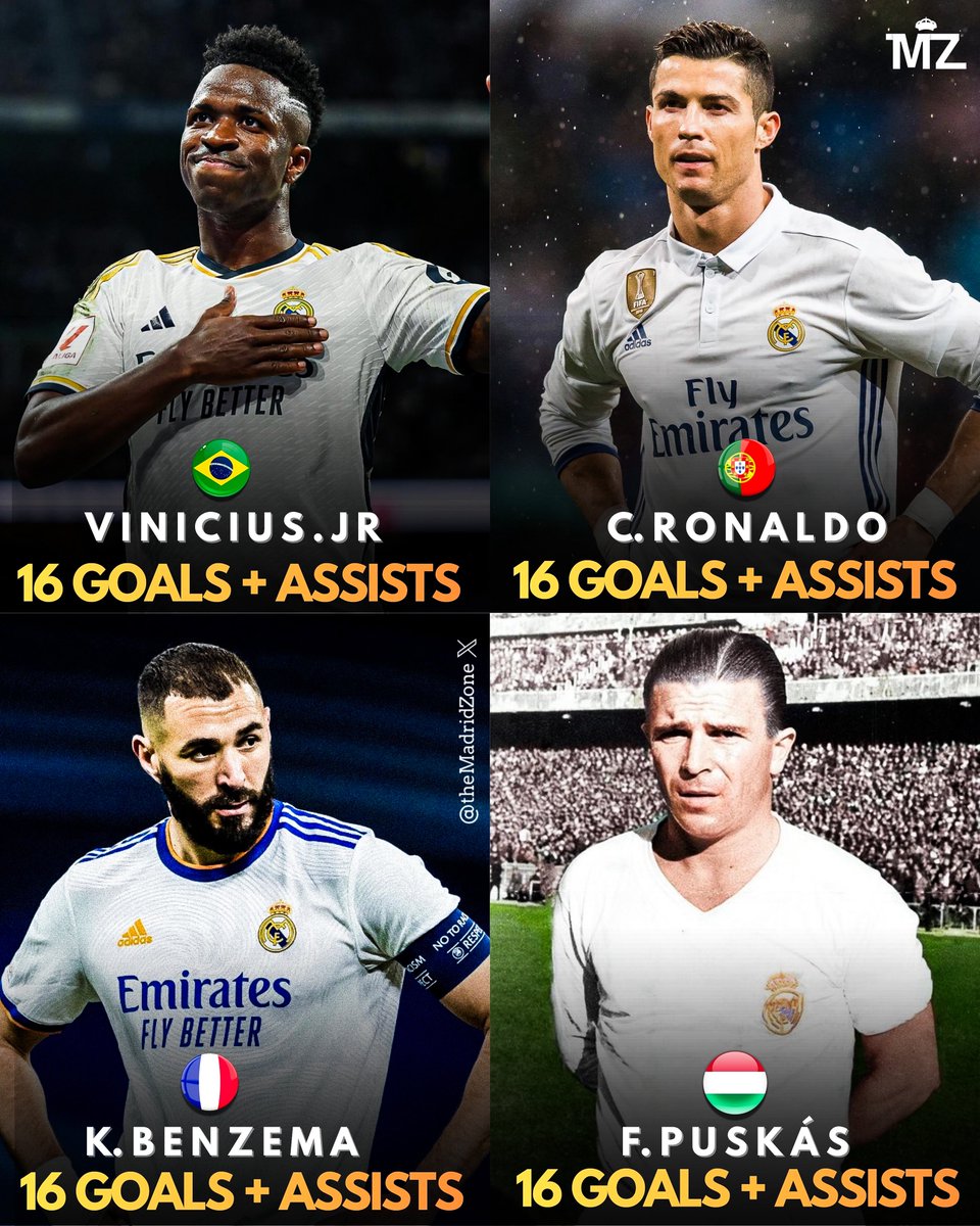 theMadridZone's tweet image. 🚨🚨💣 𝐑𝐄𝐂𝐎𝐑𝐃: Vini Jr. equals Cristiano Ronaldo, Ferenc Puskas and Karim Benzema’s record of most goal contributions in Finals in Real Madrid History!