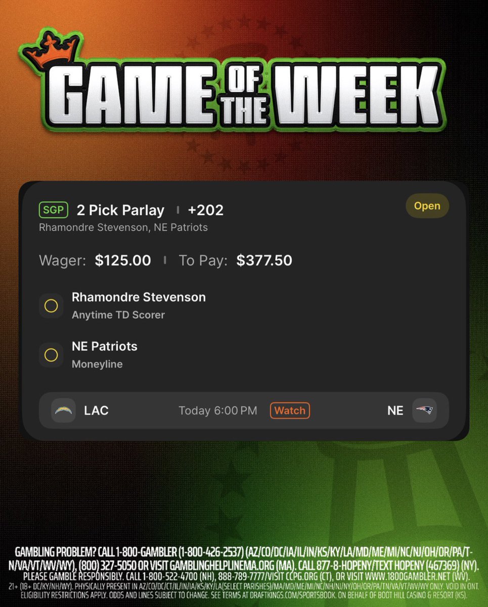 RiggsBarstool's tweet photo. It’s gotta be the Pats tonight. Seen it too many times. It’s nearly #BarstoolGOTW time so let’s do this. 

AND — 5 of you fans who tweet out your ticket will be selected for a $1,000 bonus bet. #dkpartner https://t.co/oasqFTxGo9