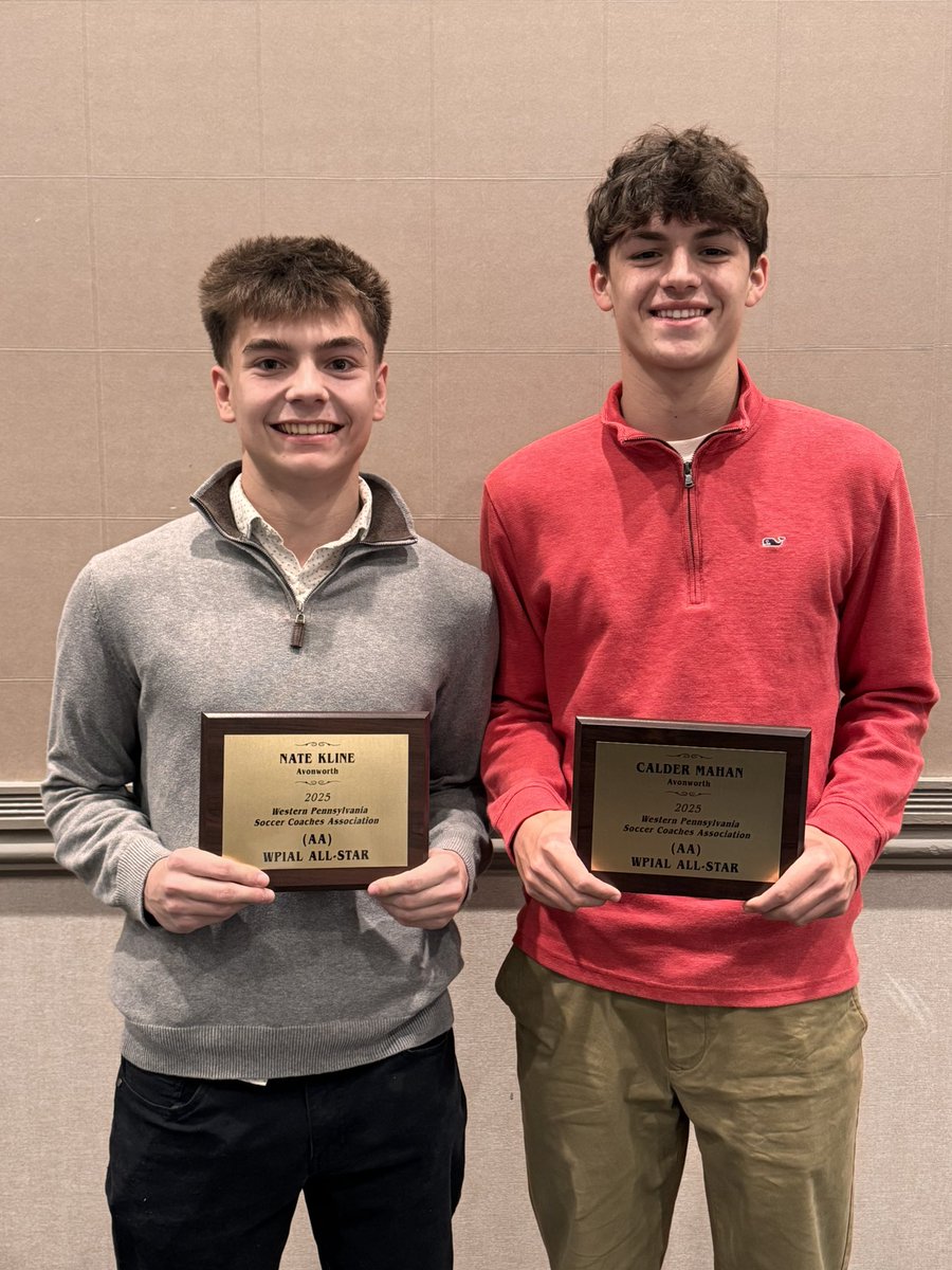 AvonworthMsoc's tweet photo. Quick shout out to our Lopes for being recognized at the WPSCA Soccer Banquet today! ⚽️

WPIAL All-STARS!🎖️
@natekline68 
@CalderJMahan 

Well done! 👏🏽 We are proud of you! 

Go Lopes! 🅰️ https://t.co/FbmFa67Vlh