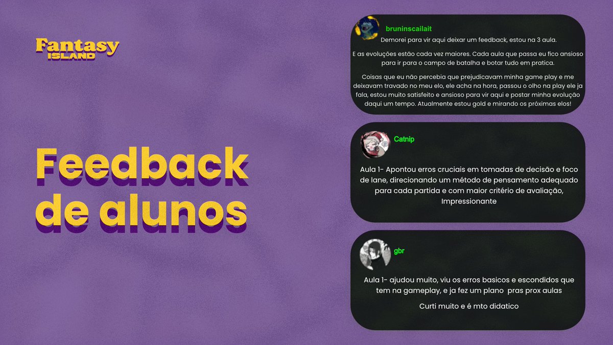 Fantasyocoach's tweet image. Isso aqui não é promessa. É histórico de aula.
Três alunos diferentes. A mesma primeira aula. O mesmo resultado: clareza.
Erros corrigidos, decisões ajustadas, visão de jogo real.
Nova temporada. As aulas de LoL estão de volta.
Feedback não mente. Resultado chama.