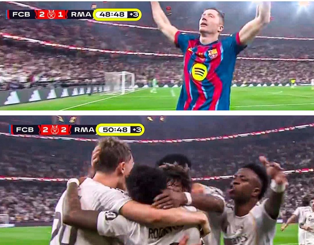 El Barça ha marcado en el 48, el Madrid no tenía ni que haber sacado de centro del campo. Pues no, les han dado tres minutos más para que puedan marcar. Qué vergüenza, y luego hablan de Negreira los hijos de pu...