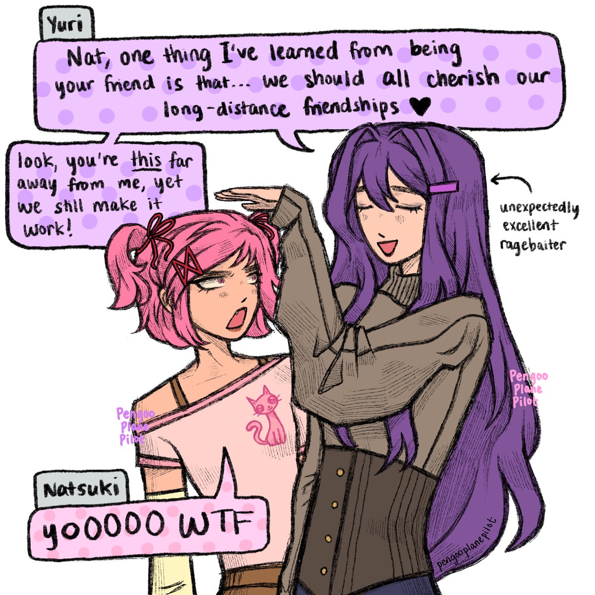 PengooPilot's tweet image. sayoriiii helpppp they’re being petty againnnn #ddlc #DokiDokiLiteratureClub #natsuri #DDLCfanart