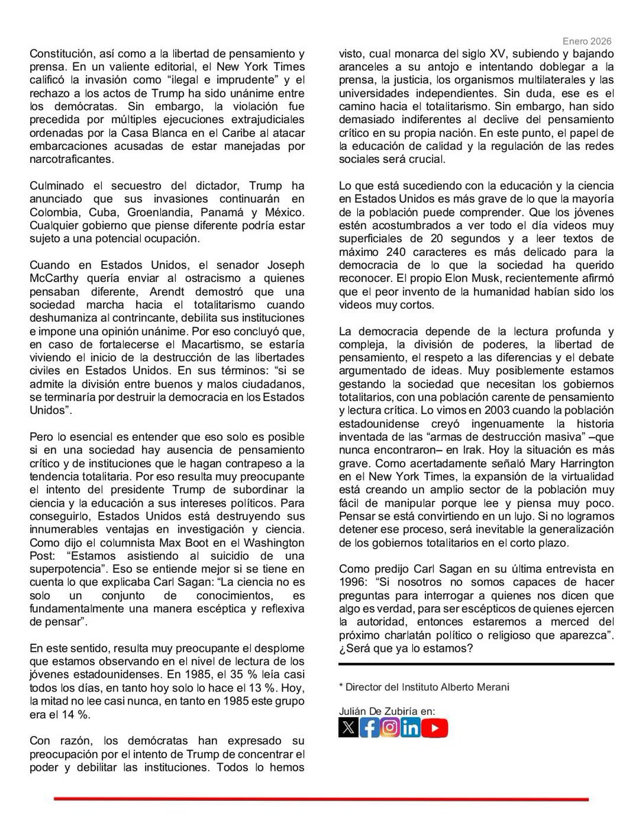 El viernes publiqué en El Espectador una columna titulada “Trump y el inicio del totalitarismo: lecciones de Hannah Arendt”. En ella muestro el grave riesgo que tiene una cultura en la que c/vez se alcanzan menores niveles de lectura y pensamiento crítico. La comparto libremente: