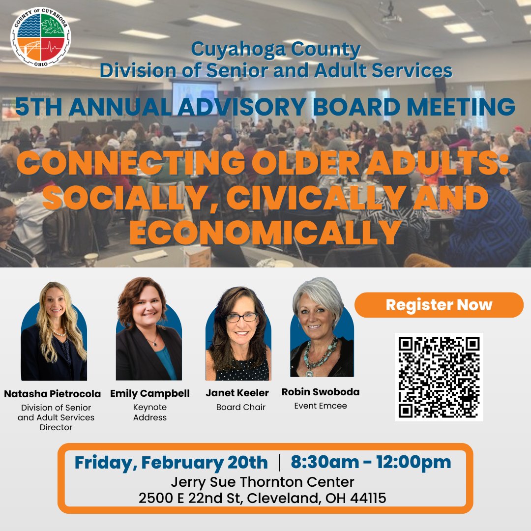 CuyahogaCounty's tweet photo. Connect. Collaborate. Create change. Join professionals and advocates for our annual meeting focused on strengthening opportunities for older adults in Cuyahoga County. Register now and be part of the conversation. https://t.co/jsIgbbrtIC https://t.co/kSxR8ofkJp