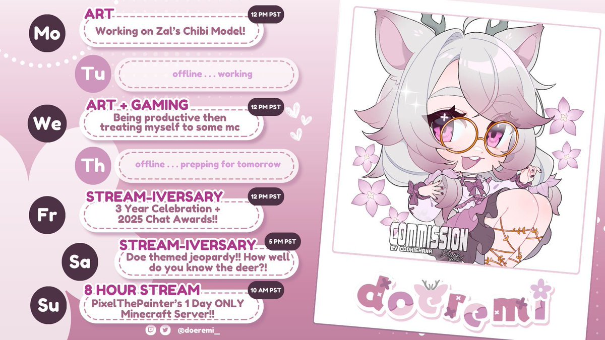 ₊˚ ✧ ━━⊱  🌸 January 12 - 18, 2026 🌸  ⊰━ ✧ ₊˚  
 We've got a HUGE week ahead of us!!

┊... MON | Working on @Zalkyria's Chibi Model
┊... WED | Art + Games
┊... FRI | 3 Year Affiliate Anniversary + 2025 Chat Awards!!
┊... SAT | Doe themed Jeopardy!
┊... SUN | 8 HOUR