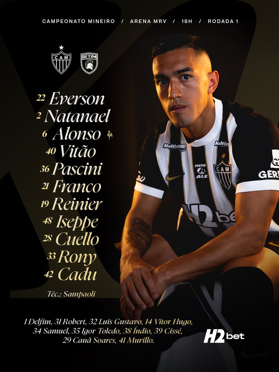 Atletico's tweet photo. 📋 GALO ESCALADO! Veja a nossa escalação para enfrentar o Betim, na @ArenaMRV, pela 1ª rodada do Campeonato Mineiro!

#VamoGalo #CAMxBET 🏴🏳️ https://t.co/kuj4jwqs4I