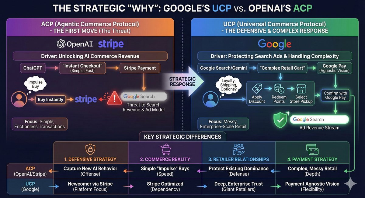 Why Google followed ACP with UCP

Both target the same problem: enabling AI agents to shop for you.

•ACP: standardizes the checkout transaction.
•UCP: standardizes the full commerce workflow, designed for messy enterprise retail.