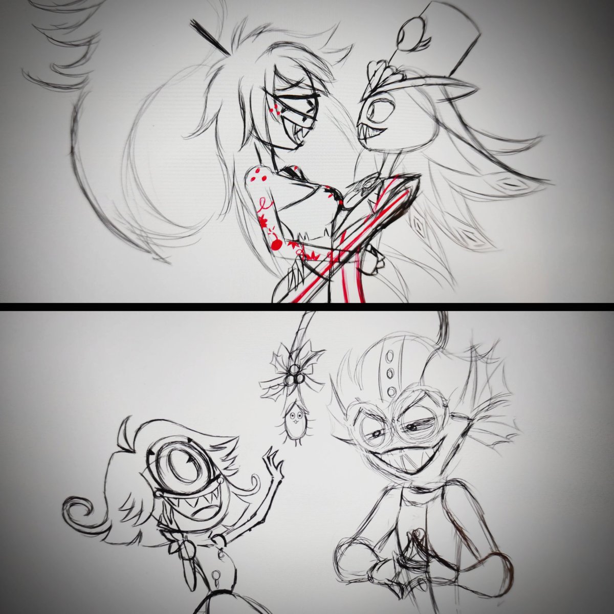 Fulanyan's tweet photo. I had these idea for some valentines drawings of my favorite couples😊
It's kinda weird how sometimes it feels easy to draw the characters and other times I'm completely lost with their faces and nothing wants to look right🥺

#hazbinhotel #sirpentious #cherribomb #niffty #baxter https://t.co/fiTgYbYiMu