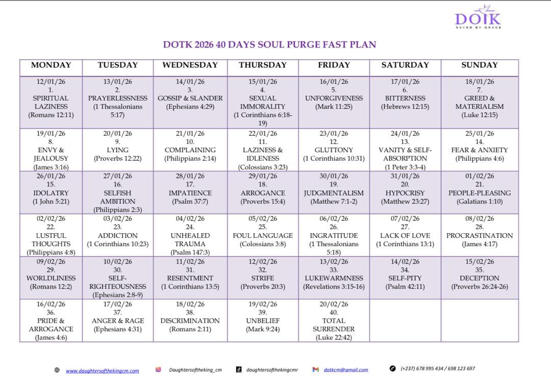 Tomorrow, we begin the Soul Purge exercise for 2026 where we intentionally ask God to rid us off negative habits which do not glorify him. 
Walk with us through this 40 day journey

Day 1: SPIRITUAL LAZINESS