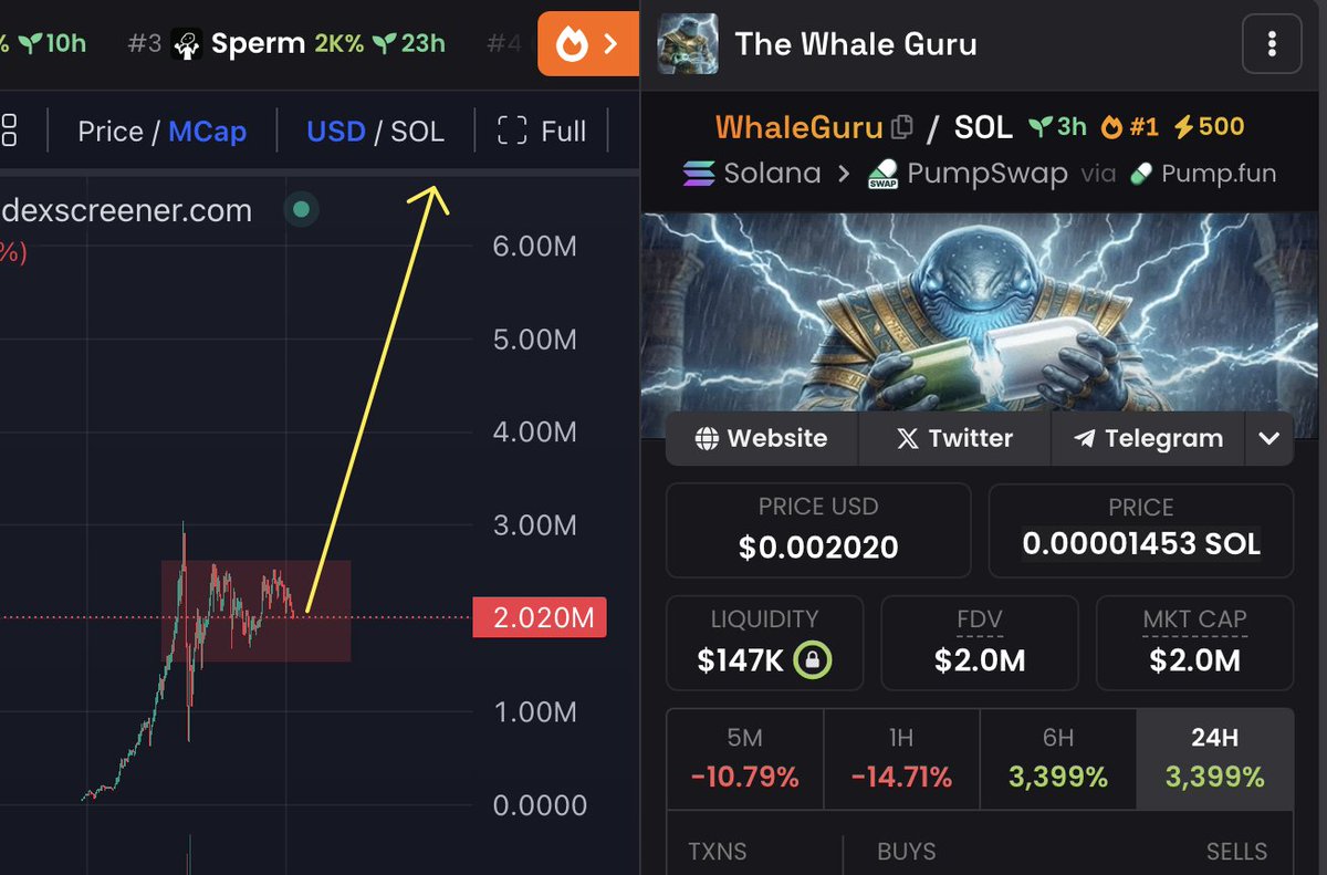ItsAnonApe's tweet image. drop your sol Address :
and check your wallet tomorrow 🤝

I found the next 100x gem.

Last time I called $whitewhale under 1 million market cap.

Many said I was an idiot, calling it just a meme and too expensive...

It did 200x.

Now, I'm giving you $whaleguru at just $2m