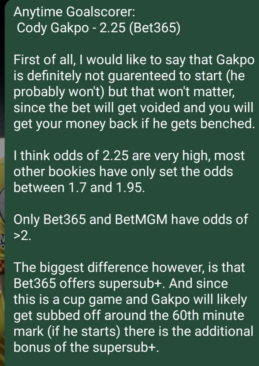 BetsConStats's tweet image. Monday 12/1/2026

Great value opportunity in my eyes, especially with SuperSub+.

ANYTIME GOALSCORER - CODY GAKPO vs Barnsley

Odds: 2.25

I think these odds provide excellent value. Please read the third and fourth photo for the full breakdown!