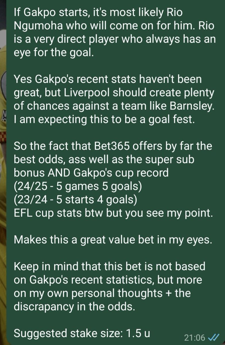 BetsConStats's tweet image. Monday 12/1/2026

Great value opportunity in my eyes, especially with SuperSub+.

ANYTIME GOALSCORER - CODY GAKPO vs Barnsley

Odds: 2.25

I think these odds provide excellent value. Please read the third and fourth photo for the full breakdown!