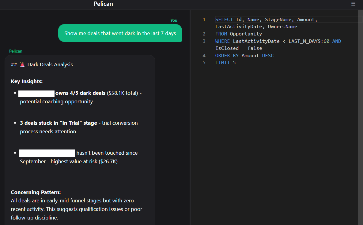 Pelicanlabs's tweet photo. Every manual RevOps task has an API endpoint.

Vendors just don't build the UI.

47 clicks to rename a picklist value. Proprietary query languages that require certifications. No cross-tool visibility.

The product is incomplete on purpose.

With Pelican you simply ask questions about your revenue stack and sales org in plain English. 

Query across Salesforce, HubSpot, Outreach - wherever your data lives. Get answers. Take action.

RevOps shouldn't require a consulting contract.
