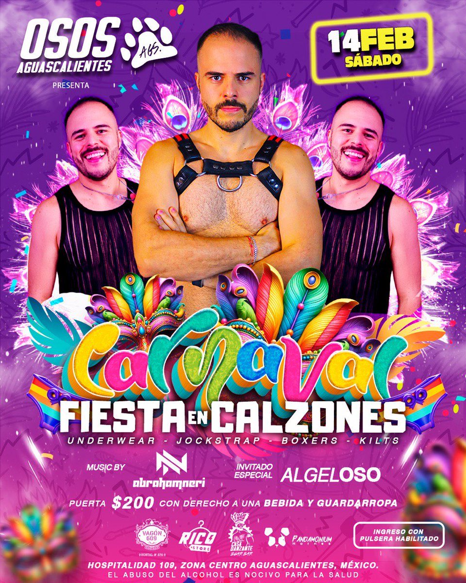 CARNAVAL NOCHE DE CALZONES 
Una de las fiestas mas iconicas de @BearBarCasaDanzante 
Con la participación  desde Guadalajara a DJ @AbrahamNeri quien nos hará gozar toda la noche con sus incomparables Beats.  Para deleitarnos la pupila y disfrutar una noche de carnaval inolvidable