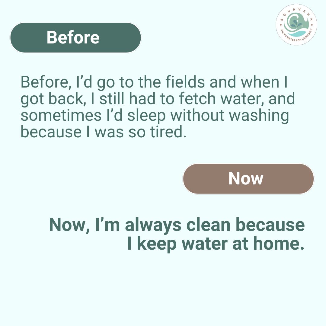 Access to drinkable water transforms more than health, it restores time, dignity, and self-care.

Where once exhaustion replaced daily hygiene, now water at home means comfort and confidence. 

Because when water is near, everything changes. 💙

aquavera.org