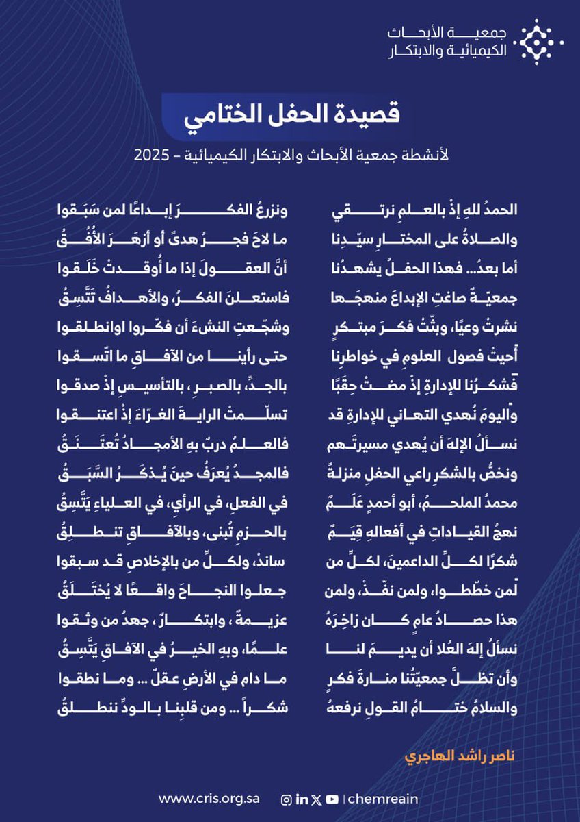 أبحر الشاعر الرائع : ناصر بن راشد الهاجري  في محيط الكلمة بقصيدة "الحفل الختامي" التي خطّها بمشاعر الفخر والأمل، مُترجمةً روحَ الأنشطة وإنجازات الجمعية إلى أبيات تنبض بالحماس والعرفان. 

نشكر الشاعر : ناصربن راشد الهاجري على هذا الإبداع الأدبي وصح الله لسانك .