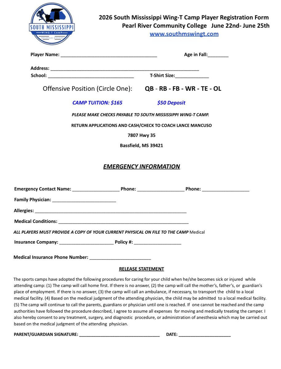 SMWingT's tweet photo. The 2026 Wing-T Camp will be held at Pearl River Community College in Poplarville, MS!

DATES: 6.22.26 - 6.25.26

Forms are available on our social accounts! Our website is currently under construction! For more information contact, Lance Mancuso! (601) 916-4392. https://t.co/sUtc4TqViJ