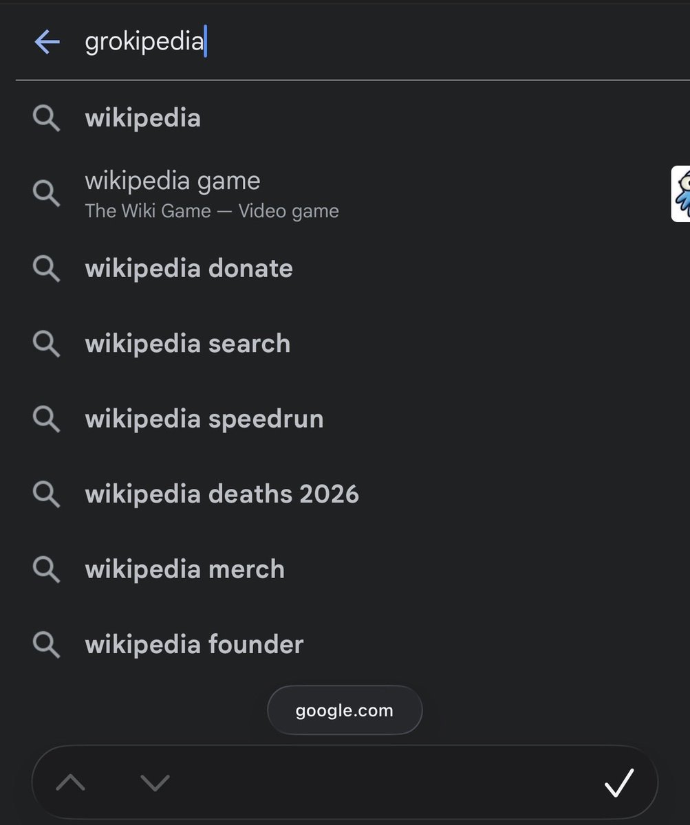 stjmus's tweet photo. @sophie45x @nasdaily @Grokipedia Even typing full name and website, google does not show grokipedia as option https://t.co/4V0kovWXKA