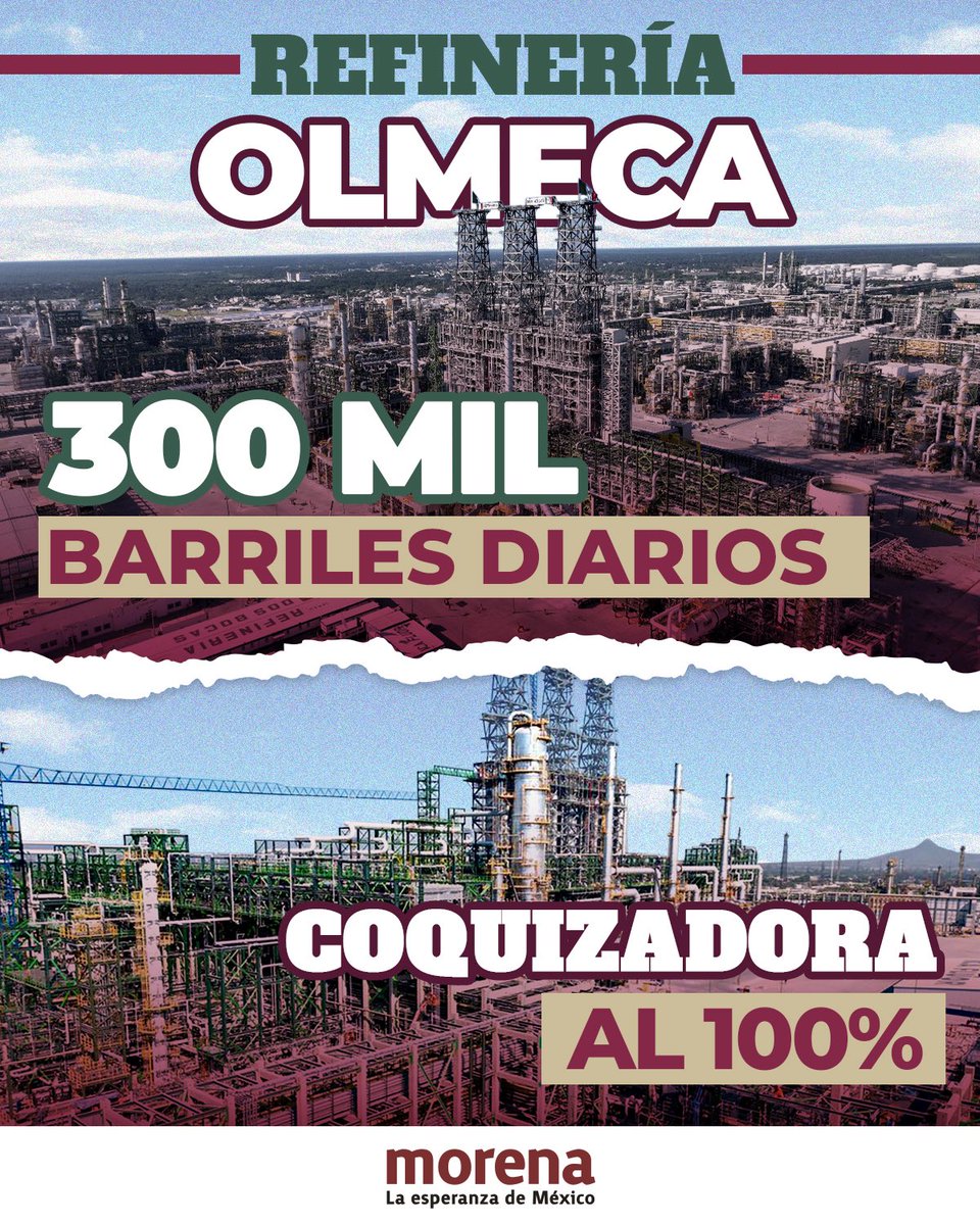 La soberanía energética se construye con hechos. 🇲🇽⚡️

La Refinería Olmeca avanza con paso firme:
🛢️ 300 mil barriles diarios
⚙️ Coquizadora al 100%

Así se fortalece la autosuficiencia energética y se defiende el patrimonio del pueblo de México.