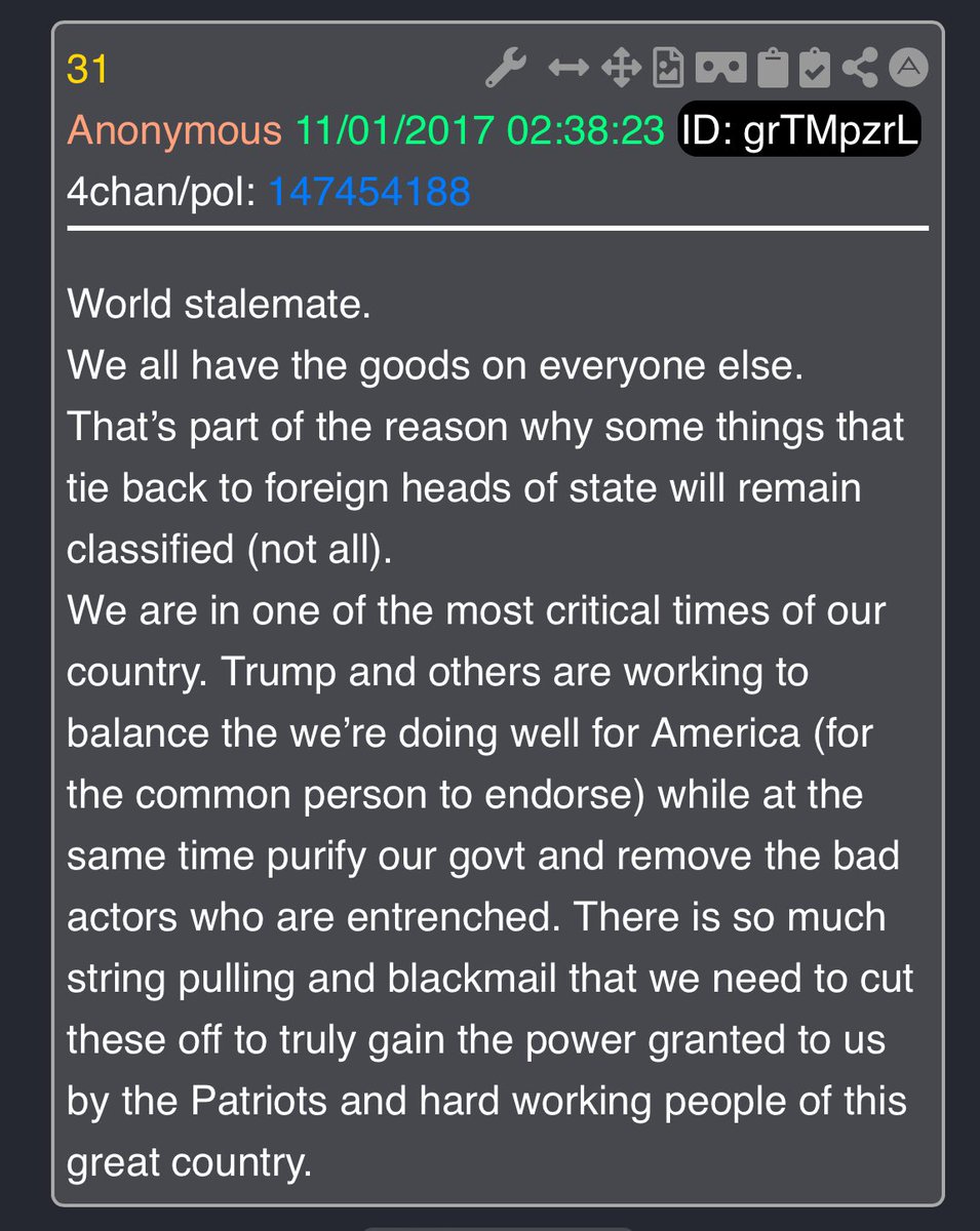 QQSource's tweet image. Stalemate - Important. Can't move fast on the chessboard.

World stalemate. 
We all have the goods on everyone else.
That’s part of the reason why some things that tie back to foreign heads of state will remain classified (not all). 
We are in one of the most critical times of…