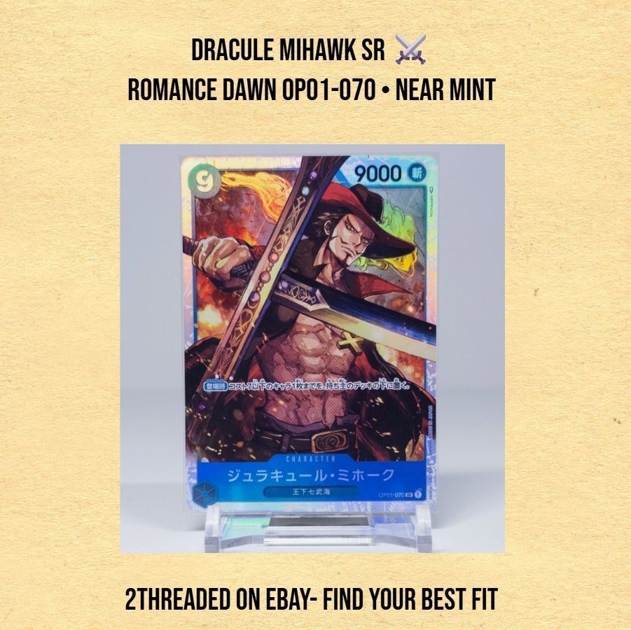 IRGRL's tweet image. Dracule Mihawk SR ⚔️
Romance Dawn OP01-070 • Near Mint

One card out of hundreds available.
Shop One Piece cards at 2Threaded on eBay 👇
buff.ly/xuEWKZZ

#OnePieceTCG #CardCollectors #AnimeCards