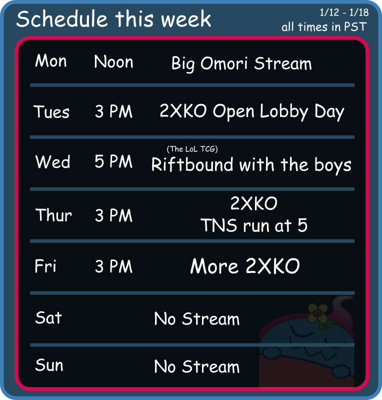 Pushing to beat Omori this week, more Riftbound with the Boys, and even more Cait/patch waiting room!