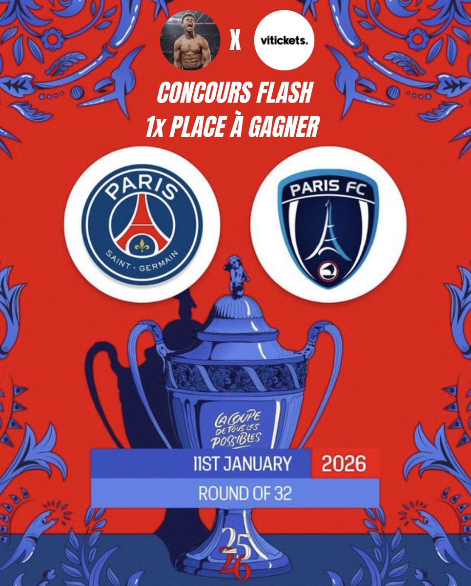 ⚡️𝗖𝗢𝗡𝗖𝗢𝗨𝗥𝗦 𝗙𝗟𝗔𝗦𝗛, 𝗨𝗡𝗘 𝗣𝗟𝗔𝗖𝗘 𝗔 𝗚𝗔𝗚𝗡𝗘𝗥 𝗣𝗢𝗨𝗥 𝗟𝗘 𝗠𝗔𝗧𝗖𝗛 𝗘𝗡𝗧𝗥𝗘 𝗟𝗘 𝗣𝗦𝗚 𝗘𝗧 𝗟𝗘 𝗣𝗙𝗖 𝗗𝗘𝗠𝗔𝗜𝗡 𝗦𝗢𝗜𝗥 🎁🍀

𝗖𝗢𝗡𝗗𝗜𝗧𝗜𝗢𝗡 :
- 𝗥𝗧
- 𝗙𝗢𝗟𝗟𝗢𝗪 <a href="/Julien_27LS/">lélé ❤️💙</a> X <a href="/Vitickets_/">VITICKETS</a> 

𝗧𝗔𝗦 𝗟𝗘 𝟭𝟮/𝟬𝟭 𝟭𝟱𝗛 ⏳