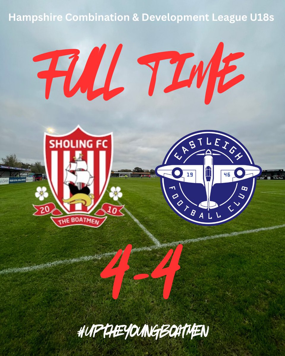 SholingFCU18s's tweet photo. Honours even on a wild day in SO19. Goals from Mostafa Mahmoud, Callum Willoughby, Ibra Sayari and OG mean we take a point against Eastleigh. Great game, unlucky not to win, but onto the next one. https://t.co/CZSygtkIfa
