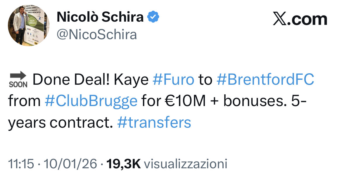 NicoSchira's tweet photo. Now it’s official! Kaye #Furo to #BrentfordFC from #ClubBrugge for €10M + bonuses. 5-years contract. No surprise here and confirmed! https://t.co/i7LaLd9Dsl