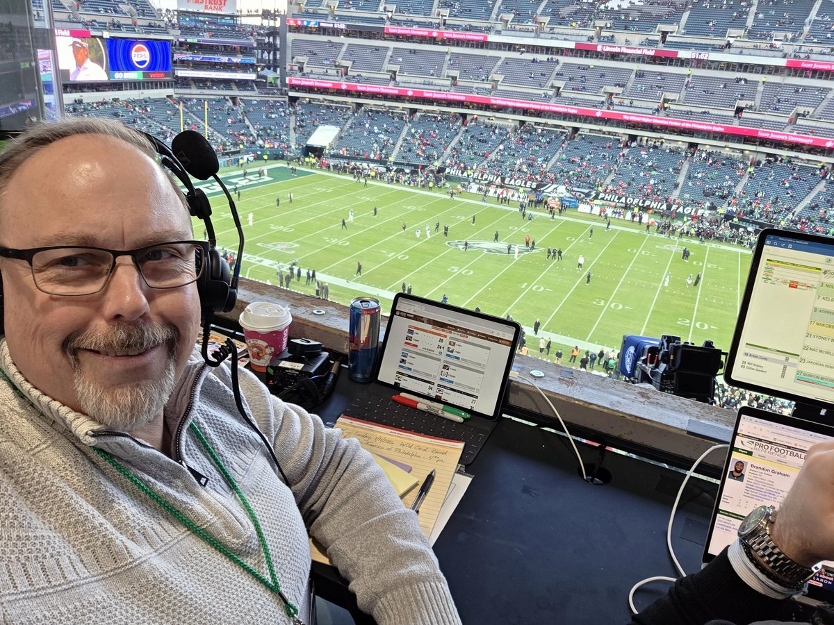 Today's office...

(alternately titled "Sleeping with the Enemy" 😉)

Greetings from <a href="/LFFStadium/">Lincoln Financial Field</a>!  Supporting the <a href="/KNBR/">KNBR</a> 49ers broadcast team of <a href="/GuyHaberman/">Guy Haberman</a> and "T-Rock," <a href="/TimRyan99/">Tim Ryan</a>; produced by the great <a href="/MikeHohler77/">Mike Hohler</a>.  #SFatPHI  #WildCardWeekend
#NFCPlayoffs