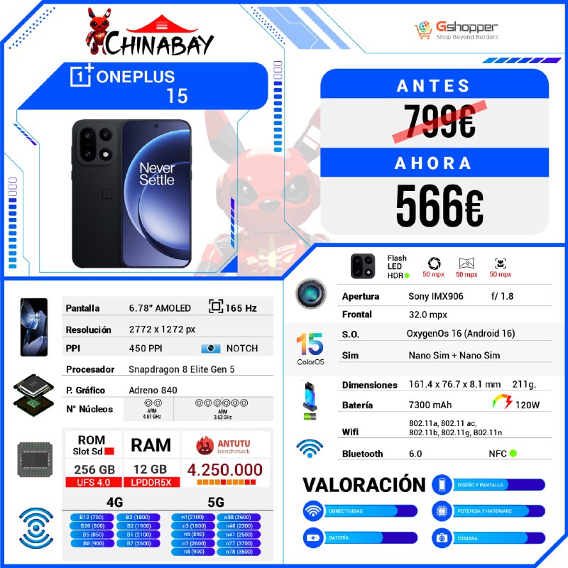 ChinaBay_deals's tweet image. 🟢¡¡ OPORTUNIDAD !!

➕ Oneplus 15  
💶 Precio: 566.87€  
📝 Cupon: gshopper100  
🌐 Comprar aqui: chinabay.pro/4p5J2zl  

🕳RAM:  12 GB | ROM: 256 GB  
♨️ CN Version - OxygenOs  

#OnePlus15 #Smartphone #TechDeal #Gadgets #OxygenOS