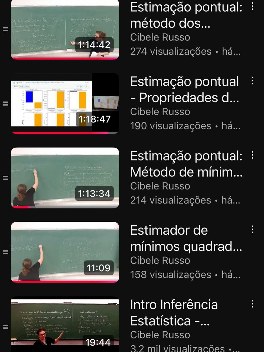 cibelerusso's tweet photo. A playlist de Introdução à Inferência Estatística traz o básico da estimação pontual e intervalar e dos testes de hipóteses paramétricos para comparação de médias, além do teste qui-quadrado e regressão linear simples. Essencial para quem quer ser cientista de dados e sabe que a significância estatística dos resultados observados na amostra importa! Aulas de lousa que foram ministradas para o Bach. em Ciência de Dados e Bach. em Matemática Aplicada e Computação Científica da USP. Recomendável um curso de Probabilidades antes, que infelizmente não tenho no meu canal, mas que faço uma rápida revisão no início do curso. Salvem para ver mais tarde.  https://t.co/HDUzal7e8U  Tem repositório de práticas no meu github. Compartilhem para que possamos alcançar mais pessoas interessadas neste tema. 
#estatistica #cienciadedados #statistics #inferenciaestatistica #usp