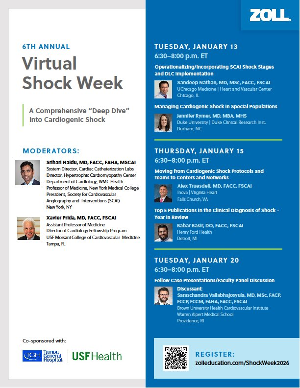 XavierPrida's tweet photo. Soon to raise the curtain on first in season colloquium on #CardiogenicShock.
#SHOCKWEEK enters the mortality infested waters of cardiogenic shock to optimze outcomes. Making survivors. @SrihariNaiduMD @agtruesdell @Babar_Basir @zoll_cms @CheverePhD https://t.co/KEdd0Xgtf1