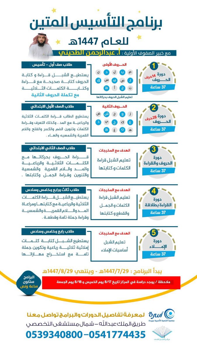 elshebl1's tweet photo. برامج | 📃 

(التأسيس المتين 11):
[الحروف ، الحروف والقراءة، القراءة بطلاقة ، الإملاء].
في: #مركز_الشبل_المثقف "بنين"
بـ: #جمعية_أسرة @osrahsa
🗓 07/29 - 1447/08/29هـ.
📱 للتواصل:
0541774435
0539340800

https://t.co/BwGywdodHs

https://t.co/vL2gR5ZoIv https://t.co/sS75jfpN2d