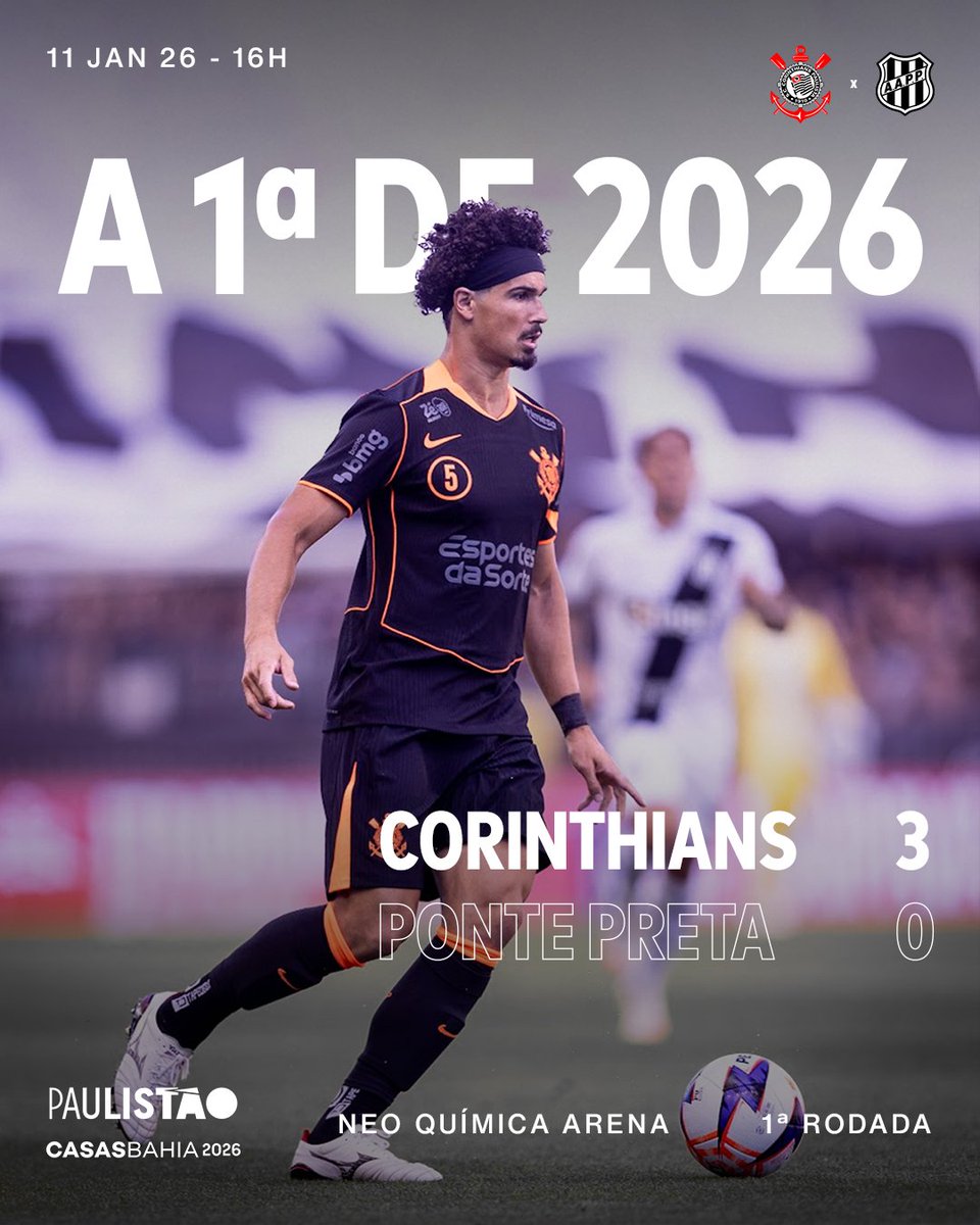 Corinthians's tweet image. FIM DE JOGO E VITÓRIA DO CORINTHIANS NA ESTREIA EM 2026!!!!! 🦅

Na #CasaDoPovo, o Timão garantiu os 3️⃣ pontos no primeiro jogo do ano no Paulistão! 🏴🏳️

Corinthians 3 🆚 0 Ponte Preta

⚽️ Gustavo Henrique
⚽️ André
⚽ André Ramalho

#VaiCorinthians