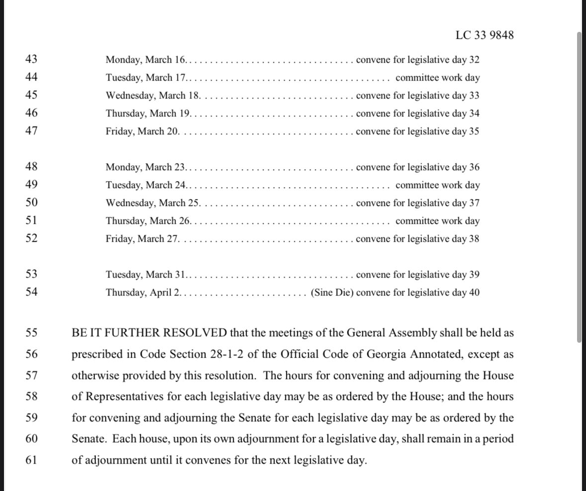 rahulbali's tweet image. 2026 Georgia General Assembly Calendar

State Senate and House Majority Leaders release a tentative legislative calendar.

Crossover Day (Deadline for most bills to move from chamber to chamber) March 6

Sine Die (Final Day) April 2

House &amp;amp; Senate still have to approve. #gapol