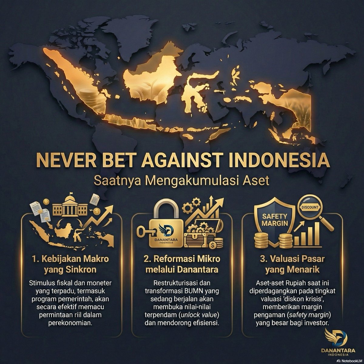 Habis baca outlook ekonomi Indonesia 2026 by Danantara, lebih kayak optimisme pemerintah untuk equity market di 2026 ke depan.

Lihat infografis berikut (dibantu dibikin notebookLM) buat dpt gambaran sederhana laporannya.