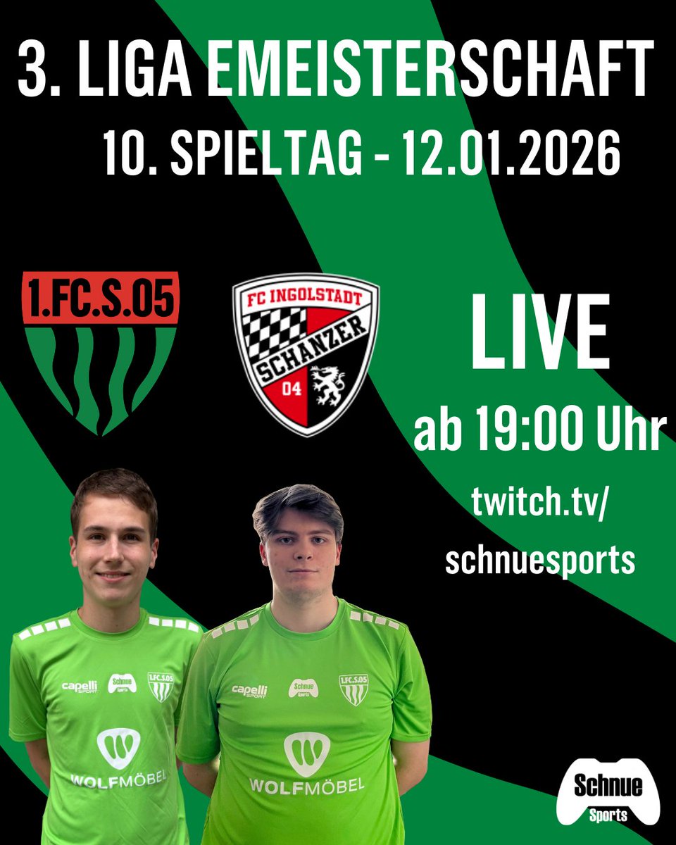 Morgen steht der nächste Spieltag der <a href="/3Liga/">3. Liga</a> eMeisterschaft an! 🔜
Unser Gegner lautet <a href="/Schanzer/">FC Ingolstadt 04</a>. 🤝🏼
Schaltet ab 19:00 Uhr ein und seid LIVE im Stream dabei! 💚🤍

📅 12.01.2026
🕖 ab 19:00 Uhr
📺 twitch.tv/schnuesports

🐗💚🤍

#schnuedelgaming #easportsfc #easportsfc26