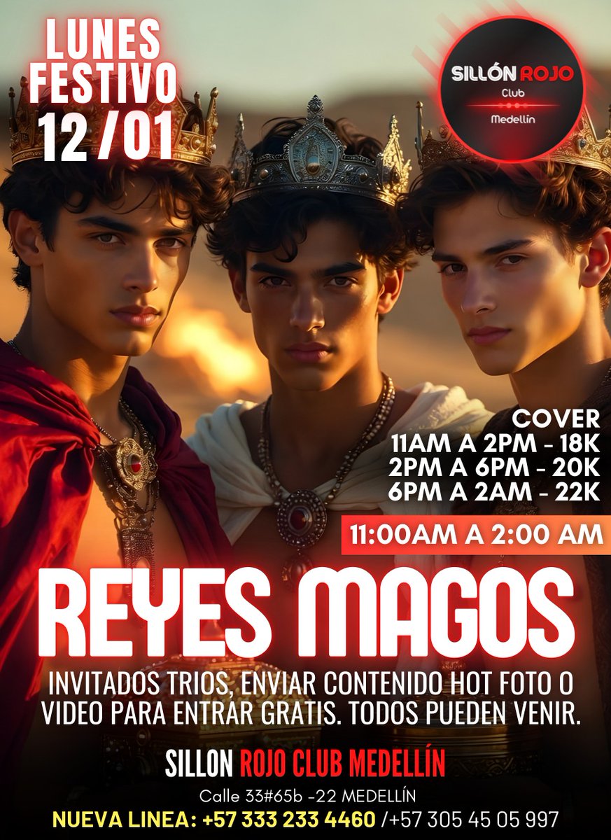 🏳️‍🌈 Sillón Rojo 🏳️‍🌈 Gay+18 🏳️‍🌈 Medellín 

Lunes festivo 
👑 REYES MAGOS
11 am a 2 am

👑 INVITADOS 👑
Invitados tríos enviar contenido
hot y entran gratis