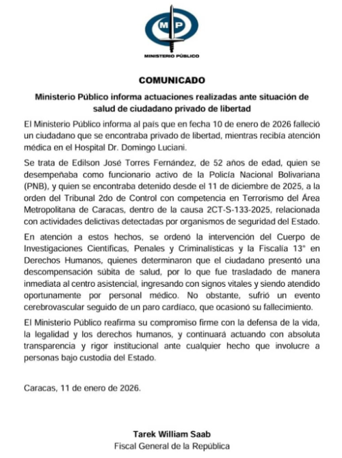 #AHORA | Ministerio Público informa que Edilson José Torres Fernández, de 52 años, falleció en el Hospital Dr. Domingo Luciani por un evento cerebrovascular seguido de un paro cardíaco. Estaba preso desde el 11 de diciembre de 2025. #VPItv